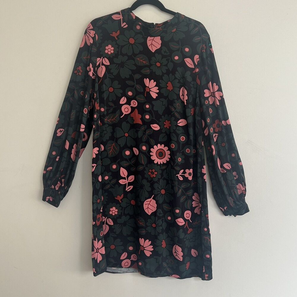 Boden Cristobel Shift Dress Long Sleeve Black Floral  W0230 Mock Collar 16R